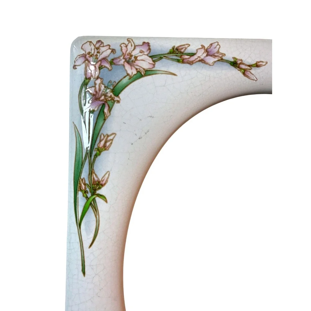 Vintage 70s Ceramic Floral Picture Frame Crackle Glaze White Pink Lily 8x10